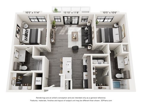 Floor plan for 2 beds, 2 baths, 988 sqft